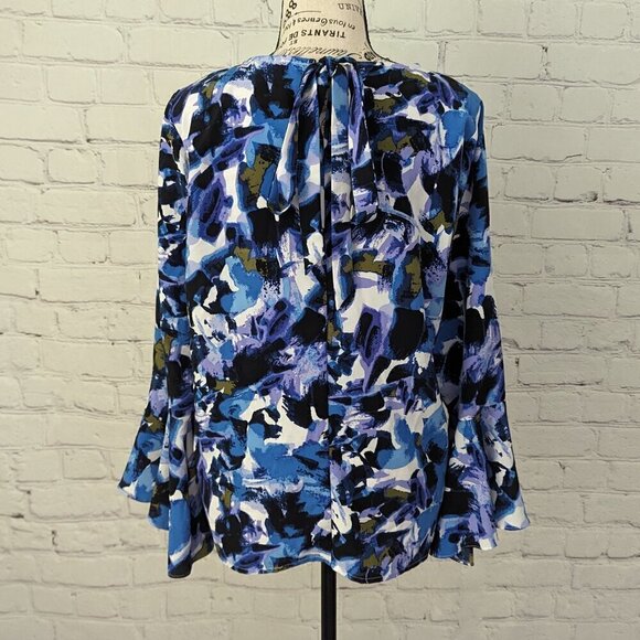 Halston Blue Floral Bell Sleeve Top M - Picture 2 of 5